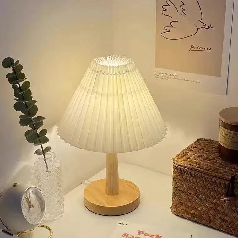 Lampe de chevet en base bois abat jour plissé Blanc / USB