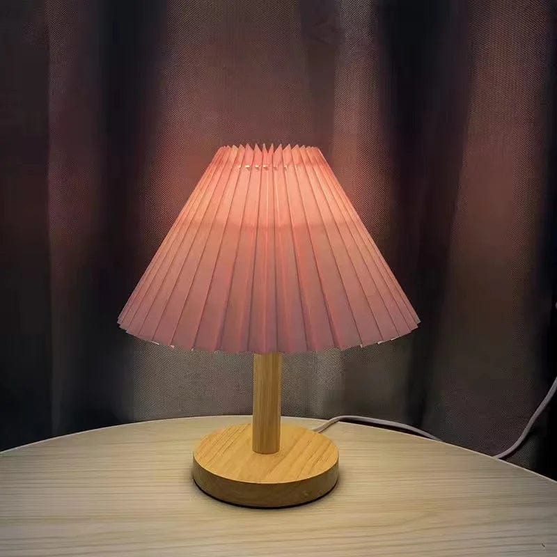 Lampe de chevet en base bois abat jour plissé Rose / USB