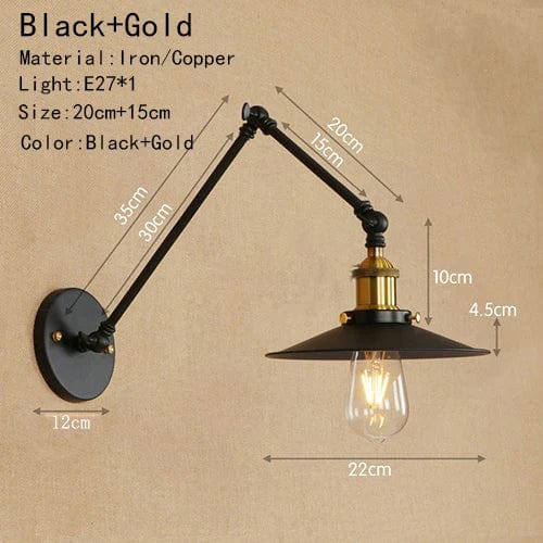 Lampe de chevet murale industrielle articulée Noir et Gold - 30cm.15cm