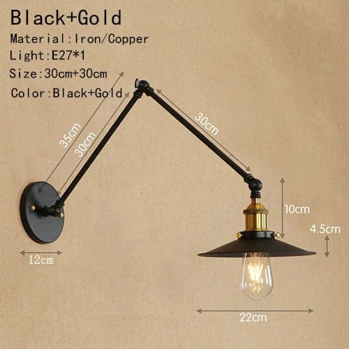 Lampe de chevet murale industrielle articulée Noir et Gold - 30cm.30cm